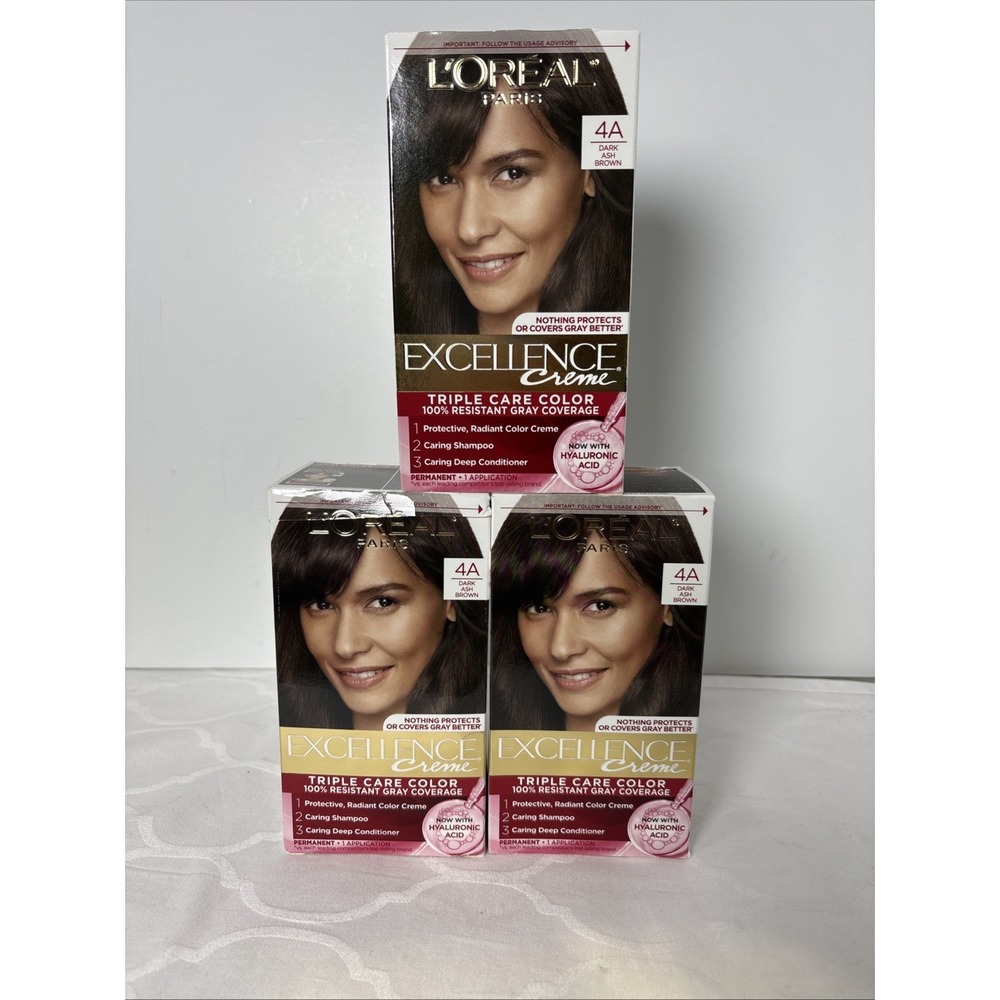 3 Lot L'OREAL Paris Excellence Creme Hair Color 4A Dark Ash Brown Dye Boxes